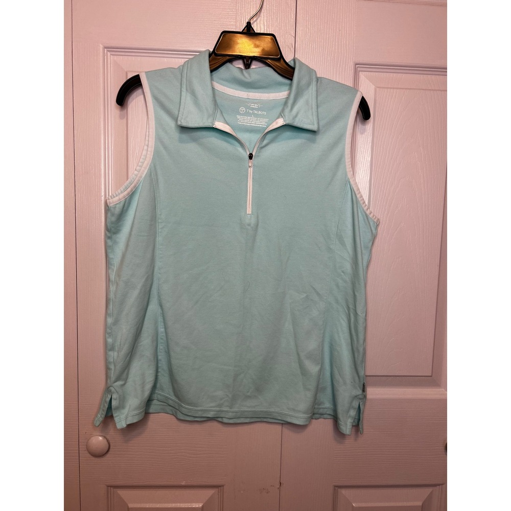 T by Talbots Womens Aqua Blue Sleeveless Quarter Zip Polo Shirt UPF 50+ Large